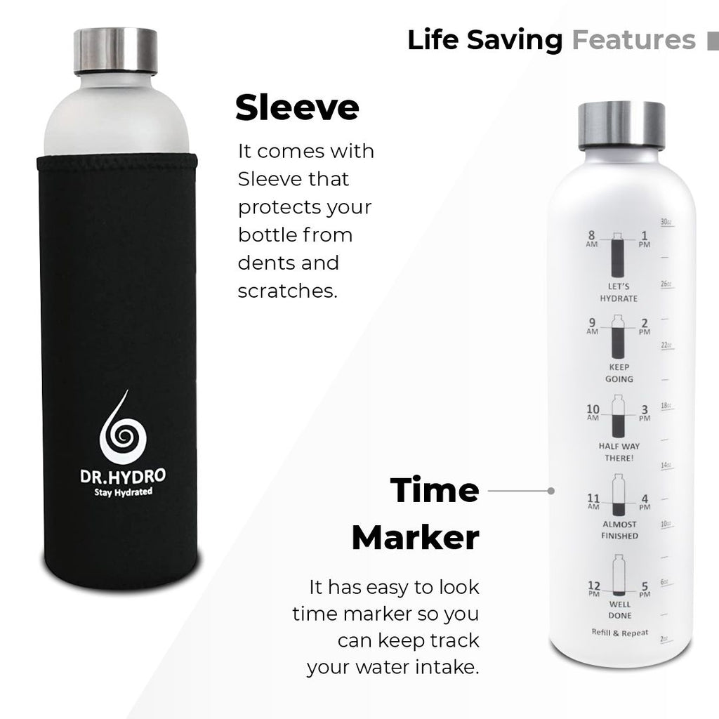 black water bottle with time marker